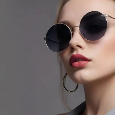 A Young Caucasian Woman With Light Skin And Long Blonde Hair Wearing Large Round Sunglasses With Dark Lenses She Has Full Lips And Is Adorned With A Dangling Earring The Background Is A Simple Gray Emphasizing Her 17 Cef3