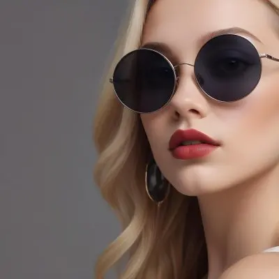 A Young Caucasian Woman With Light Skin And Long Blonde Hair Wearing Large Round Sunglasses With Dark Lenses She Has Full Lips And Is Adorned With A Dangling Earring The Background Is A Simple Gray Emphasizing Her 19 B6f0
