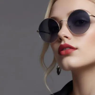A Young Caucasian Woman With Light Skin And Long Blonde Hair Wearing Large Round Sunglasses With Dark Lenses She Has Full Lips And Is Adorned With A Dangling Earring The Background Is A Simple Gray Emphasizing Her 20 189a