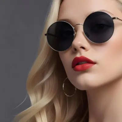 A Young Caucasian Woman With Light Skin And Long Blonde Hair Wearing Large Round Sunglasses With Dark Lenses She Has Full Lips And Is Adorned With A Dangling Earring The Background Is A Simple Gray Emphasizing Her 21 F408