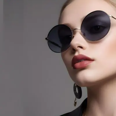 A Young Caucasian Woman With Light Skin And Long Blonde Hair Wearing Large Round Sunglasses With Dark Lenses She Has Full Lips And Is Adorned With A Dangling Earring The Background Is A Simple Gray Emphasizing Her 23 D977