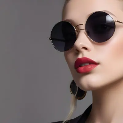 A Young Caucasian Woman With Light Skin And Long Blonde Hair Wearing Large Round Sunglasses With Dark Lenses She Has Full Lips And Is Adorned With A Dangling Earring The Background Is A Simple Gray Emphasizing Her 24 5351