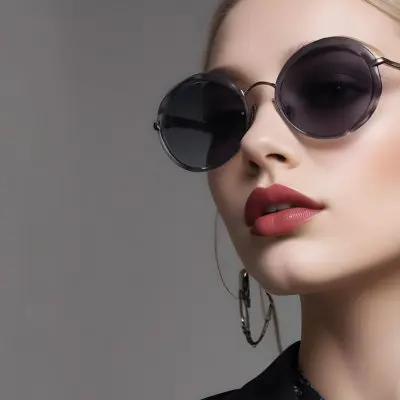A Young Caucasian Woman With Light Skin And Long Blonde Hair Wearing Large Round Sunglasses With Dark Lenses She Has Full Lips And Is Adorned With A Dangling Earring The Background Is A Simple Gray Emphasizing Her 26 0ce4