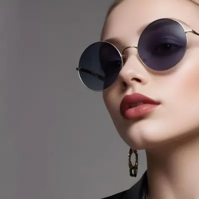 A Young Caucasian Woman With Light Skin And Long Blonde Hair Wearing Large Round Sunglasses With Dark Lenses She Has Full Lips And Is Adorned With A Dangling Earring The Background Is A Simple Gray Emphasizing Her 28 7cff