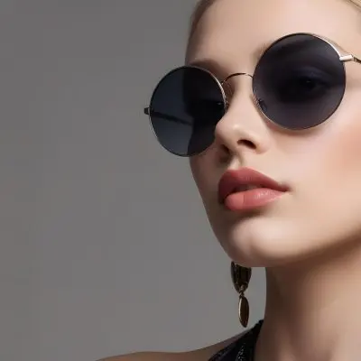 A Young Caucasian Woman With Light Skin And Long Blonde Hair Wearing Large Round Sunglasses With Dark Lenses She Has Full Lips And Is Adorned With A Dangling Earring The Background Is A Simple Gray Emphasizing Her 29 Ab50