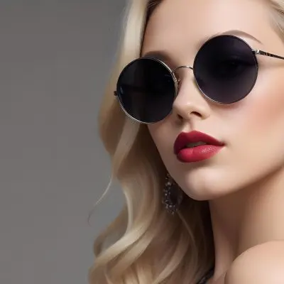 A Young Caucasian Woman With Light Skin And Long Blonde Hair Wearing Large Round Sunglasses With Dark Lenses She Has Full Lips And Is Adorned With A Dangling Earring The Background Is A Simple Gray Emphasizing Her 32 F8e9