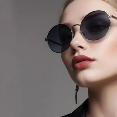 A Young Caucasian Woman With Light Skin And Long Blonde Hair Wearing Large Round Sunglasses With Dark Lenses She Has Full Lips And Is Adorned With A Dangling Earring The Background Is A Simple Gray Emphasizing Her 33 F3a8