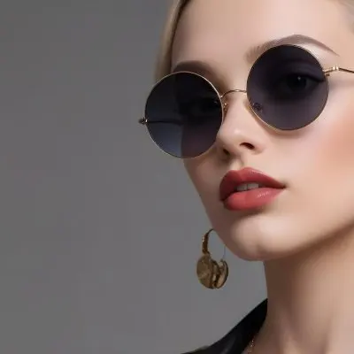 A Young Caucasian Woman With Light Skin And Long Blonde Hair Wearing Large Round Sunglasses With Dark Lenses She Has Full Lips And Is Adorned With A Dangling Earring The Background Is A Simple Gray Emphasizing Her 34 F936