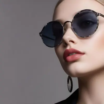 A Young Caucasian Woman With Light Skin And Long Blonde Hair Wearing Large Round Sunglasses With Dark Lenses She Has Full Lips And Is Adorned With A Dangling Earring The Background Is A Simple Gray Emphasizing Her 35 7a19