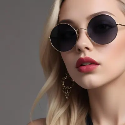 A Young Caucasian Woman With Light Skin And Long Blonde Hair Wearing Large Round Sunglasses With Dark Lenses She Has Full Lips And Is Adorned With A Dangling Earring The Background Is A Simple Gray Emphasizing Her 37 253a