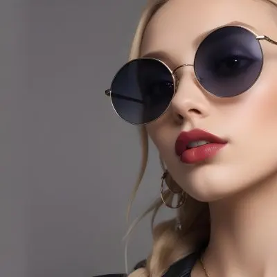 A Young Caucasian Woman With Light Skin And Long Blonde Hair Wearing Large Round Sunglasses With Dark Lenses She Has Full Lips And Is Adorned With A Dangling Earring The Background Is A Simple Gray Emphasizing Her 38 Fd02