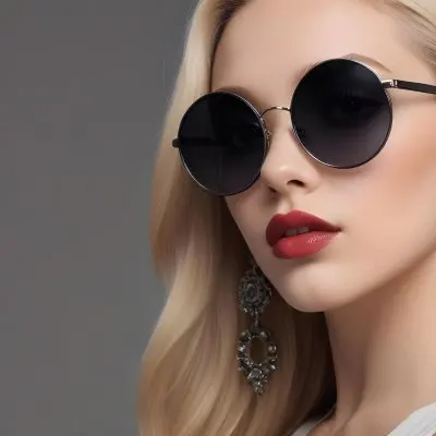 A Young Caucasian Woman With Light Skin And Long Blonde Hair Wearing Large Round Sunglasses With Dark Lenses She Has Full Lips And Is Adorned With A Dangling Earring The Background Is A Simple Gray Emphasizing Her 40 9e89