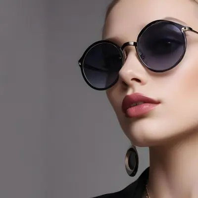 A Young Caucasian Woman With Light Skin And Long Blonde Hair Wearing Large Round Sunglasses With Dark Lenses She Has Full Lips And Is Adorned With A Dangling Earring The Background Is A Simple Gray Emphasizing Her 43 A329