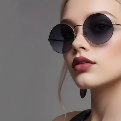 A Young Caucasian Woman With Light Skin And Long Blonde Hair Wearing Large Round Sunglasses With Dark Lenses She Has Full Lips And Is Adorned With A Dangling Earring The Background Is A Simple Gray Emphasizing Her 45 4937
