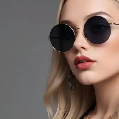 A Young Caucasian Woman With Light Skin And Long Blonde Hair Wearing Large Round Sunglasses With Dark Lenses She Has Full Lips And Is Adorned With A Dangling Earring The Background Is A Simple Gray Emphasizing Her 46 3a8b