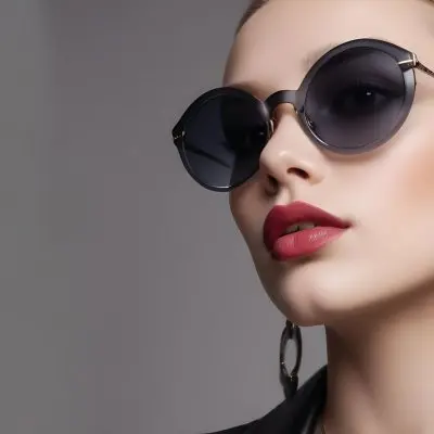 A Young Caucasian Woman With Light Skin And Long Blonde Hair Wearing Large Round Sunglasses With Dark Lenses She Has Full Lips And Is Adorned With A Dangling Earring The Background Is A Simple Gray Emphasizing Her 48 A39a