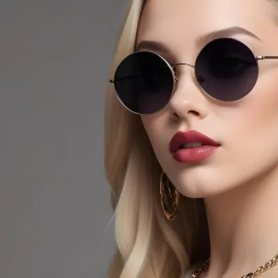 A Young Caucasian Woman With Light Skin And Long Blonde Hair Wearing Large Round Sunglasses With Dark Lenses She Has Full Lips And Is Adorned With A Dangling Earring The Background Is A Simple Gray Emphasizing Her 49 Cfe0