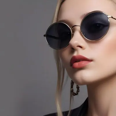 A Young Caucasian Woman With Light Skin And Long Blonde Hair Wearing Large Round Sunglasses With Dark Lenses She Has Full Lips And Is Adorned With A Dangling Earring The Background Is A Simple Gray Emphasizing Her 5 1ad5