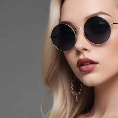 A Young Caucasian Woman With Light Skin And Long Blonde Hair Wearing Large Round Sunglasses With Dark Lenses She Has Full Lips And Is Adorned With A Dangling Earring The Background Is A Simple Gray Emphasizing Her 51 48b0