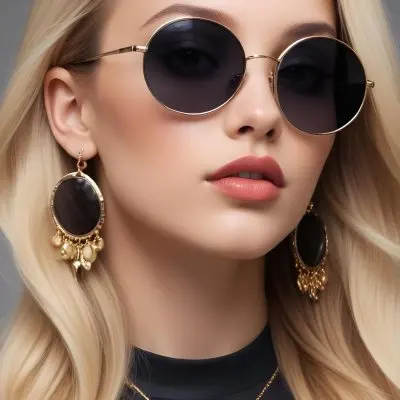 A Young Caucasian Woman With Light Skin And Long Blonde Hair Wearing Large Round Sunglasses With Dark Lenses She Has Full Lips And Is Adorned With A Dangling Earring The Background Is A Simple Gray Emphasizing Her 53 3dd1