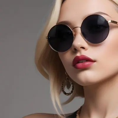 A Young Caucasian Woman With Light Skin And Long Blonde Hair Wearing Large Round Sunglasses With Dark Lenses She Has Full Lips And Is Adorned With A Dangling Earring The Background Is A Simple Gray Emphasizing Her 54 Cc6d