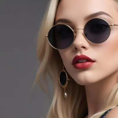 A Young Caucasian Woman With Light Skin And Long Blonde Hair Wearing Large Round Sunglasses With Dark Lenses She Has Full Lips And Is Adorned With A Dangling Earring The Background Is A Simple Gray Emphasizing Her 55 E195