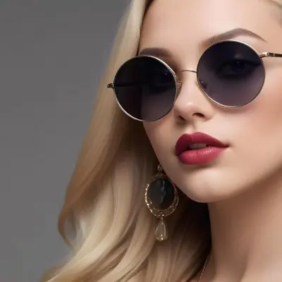 A Young Caucasian Woman With Light Skin And Long Blonde Hair Wearing Large Round Sunglasses With Dark Lenses She Has Full Lips And Is Adorned With A Dangling Earring The Background Is A Simple Gray Emphasizing Her 56 1407