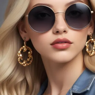 A Young Caucasian Woman With Light Skin And Long Blonde Hair Wearing Large Round Sunglasses With Dark Lenses She Has Full Lips And Is Adorned With A Dangling Earring The Background Is A Simple Gray Emphasizing Her 58 A78a