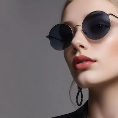 A Young Caucasian Woman With Light Skin And Long Blonde Hair Wearing Large Round Sunglasses With Dark Lenses She Has Full Lips And Is Adorned With A Dangling Earring The Background Is A Simple Gray Emphasizing Her 6 4720