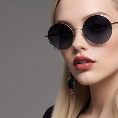 A Young Caucasian Woman With Light Skin And Long Blonde Hair Wearing Large Round Sunglasses With Dark Lenses She Has Full Lips And Is Adorned With A Dangling Earring The Background Is A Simple Gray Emphasizing Her 64 D821