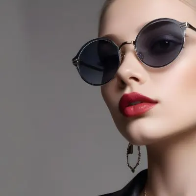 A Young Caucasian Woman With Light Skin And Long Blonde Hair Wearing Large Round Sunglasses With Dark Lenses She Has Full Lips And Is Adorned With A Dangling Earring The Background Is A Simple Gray Emphasizing Her 65 16d2