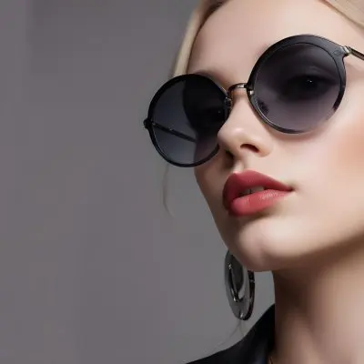 A Young Caucasian Woman With Light Skin And Long Blonde Hair Wearing Large Round Sunglasses With Dark Lenses She Has Full Lips And Is Adorned With A Dangling Earring The Background Is A Simple Gray Emphasizing Her 8 E5c3