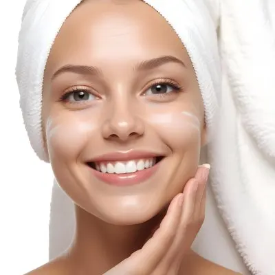 A Young Caucasian Woman With Light Skin And Long Straight Blonde Hair Wrapped In A White Towel She Is Smiling And Has A Small Amount Of Cream Applied To Her Cheek The Background Is Light And Neutral Suggesting A Sp 9 A9de