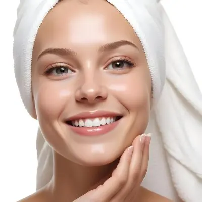 A Young Caucasian Woman With Light Skin And Long Straight Blonde Hair Wrapped In A White Towel She Is Smiling And Has A Small Amount Of Cream Applied To Her Cheek The Background Is Light And Neutral Suggesting A Sp C7e1