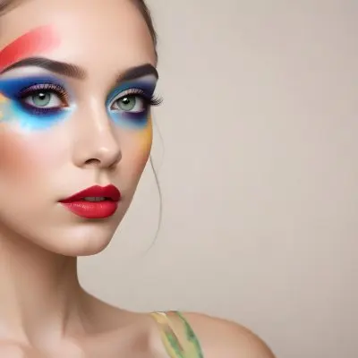 A Young Caucasian Woman With Light Skin And Long Straight Hair Featuring Artistic Makeup With Vibrant Colors Including Red Blue Yellow And Green On Her Eyelids And Around Her Eyes She Has Full Lips And Is Looking T 100 Ead6