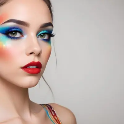 A Young Caucasian Woman With Light Skin And Long Straight Hair Featuring Artistic Makeup With Vibrant Colors Including Red Blue Yellow And Green On Her Eyelids And Around Her Eyes She Has Full Lips And Is Looking T 107 2a17