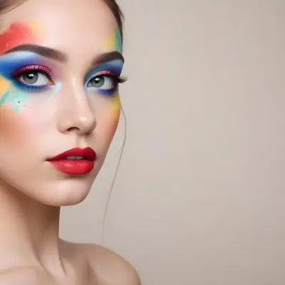 A Young Caucasian Woman With Light Skin And Long Straight Hair Featuring Artistic Makeup With Vibrant Colors Including Red Blue Yellow And Green On Her Eyelids And Around Her Eyes She Has Full Lips And Is Looking T 111 Bf55