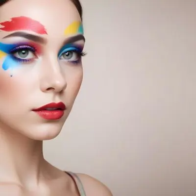 A Young Caucasian Woman With Light Skin And Long Straight Hair Featuring Artistic Makeup With Vibrant Colors Including Red Blue Yellow And Green On Her Eyelids And Around Her Eyes She Has Full Lips And Is Looking T 113 5949