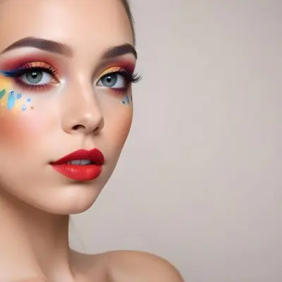 A Young Caucasian Woman With Light Skin And Long Straight Hair Featuring Artistic Makeup With Vibrant Colors Including Red Blue Yellow And Green On Her Eyelids And Around Her Eyes She Has Full Lips And Is Looking T 116 15d3