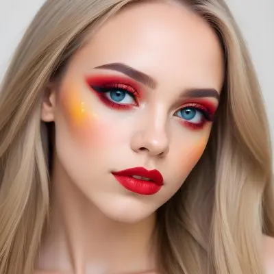 A Young Caucasian Woman With Light Skin And Long Straight Hair Featuring Artistic Makeup With Vibrant Colors Including Red Blue Yellow And Green On Her Eyelids And Around Her Eyes She Has Full Lips And Is Looking T 118 98c7