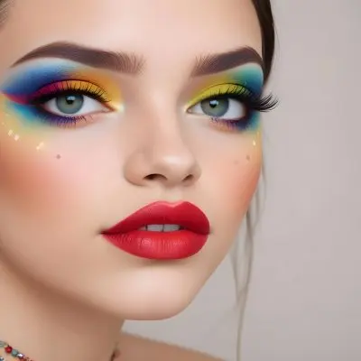 A Young Caucasian Woman With Light Skin And Long Straight Hair Featuring Artistic Makeup With Vibrant Colors Including Red Blue Yellow And Green On Her Eyelids And Around Her Eyes She Has Full Lips And Is Looking T 119 727b