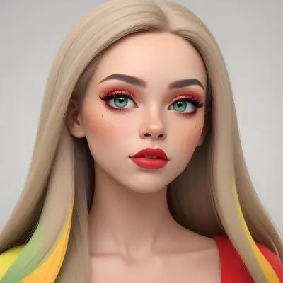 A Young Caucasian Woman With Light Skin And Long Straight Hair Featuring Artistic Makeup With Vibrant Colors Including Red Blue Yellow And Green On Her Eyelids And Around Her Eyes She Has Full Lips And Is Looking T 12 F21c