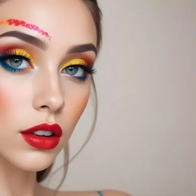 A Young Caucasian Woman With Light Skin And Long Straight Hair Featuring Artistic Makeup With Vibrant Colors Including Red Blue Yellow And Green On Her Eyelids And Around Her Eyes She Has Full Lips And Is Looking T 123 Bc49