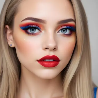A Young Caucasian Woman With Light Skin And Long Straight Hair Featuring Artistic Makeup With Vibrant Colors Including Red Blue Yellow And Green On Her Eyelids And Around Her Eyes She Has Full Lips And Is Looking T 125 8f93