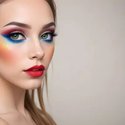A Young Caucasian Woman With Light Skin And Long Straight Hair Featuring Artistic Makeup With Vibrant Colors Including Red Blue Yellow And Green On Her Eyelids And Around Her Eyes She Has Full Lips And Is Looking T 126 C49d