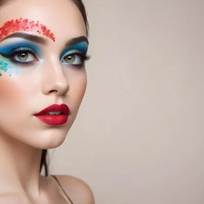 A Young Caucasian Woman With Light Skin And Long Straight Hair Featuring Artistic Makeup With Vibrant Colors Including Red Blue Yellow And Green On Her Eyelids And Around Her Eyes She Has Full Lips And Is Looking T 129 E60d