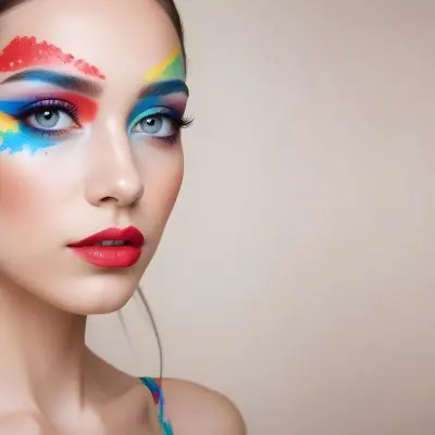 A Young Caucasian Woman With Light Skin And Long Straight Hair Featuring Artistic Makeup With Vibrant Colors Including Red Blue Yellow And Green On Her Eyelids And Around Her Eyes She Has Full Lips And Is Looking T 130 6ff2