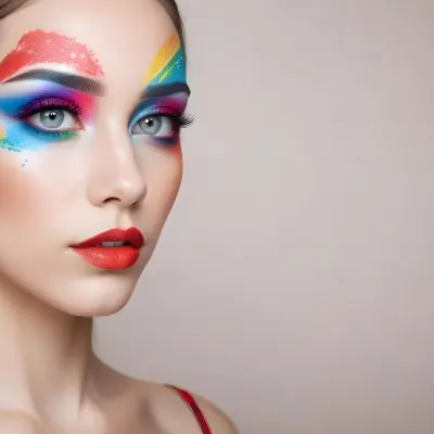 A Young Caucasian Woman With Light Skin And Long Straight Hair Featuring Artistic Makeup With Vibrant Colors Including Red Blue Yellow And Green On Her Eyelids And Around Her Eyes She Has Full Lips And Is Looking T 131 09a6