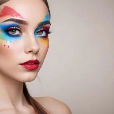 A Young Caucasian Woman With Light Skin And Long Straight Hair Featuring Artistic Makeup With Vibrant Colors Including Red Blue Yellow And Green On Her Eyelids And Around Her Eyes She Has Full Lips And Is Looking T 136 Fc57