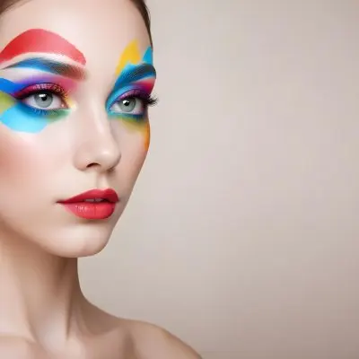 A Young Caucasian Woman With Light Skin And Long Straight Hair Featuring Artistic Makeup With Vibrant Colors Including Red Blue Yellow And Green On Her Eyelids And Around Her Eyes She Has Full Lips And Is Looking T 137 A8dc